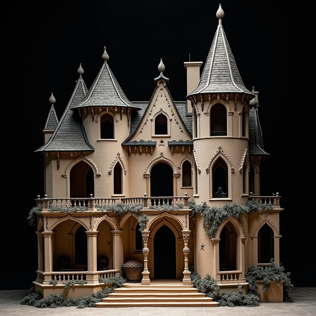 Gothic mansion designed for stage production. Features gothic windows and levels. Includes staircases. Decorated with medieval weaponry and cobwebs. Built in multiple joinable pieces.