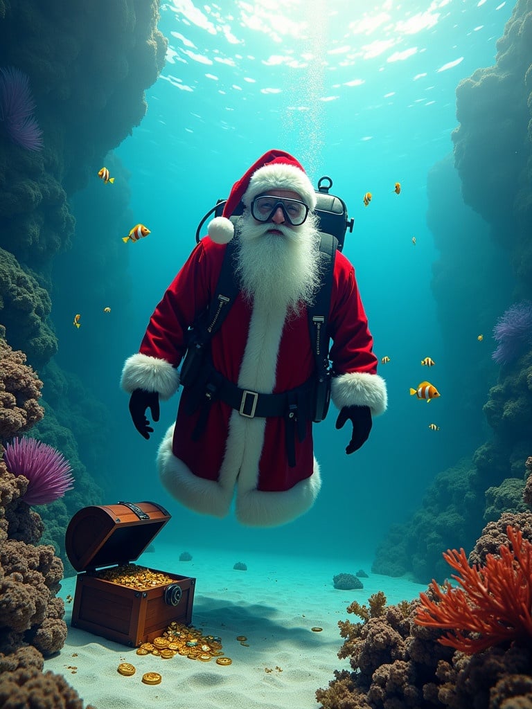 Santa Claus in scuba gear under the ocean. Vibrant marine life surrounds him. A treasure chest with coins and jewels is partially buried in sand. Bright coral reefs add color to the scene. Soft light filters through the water.