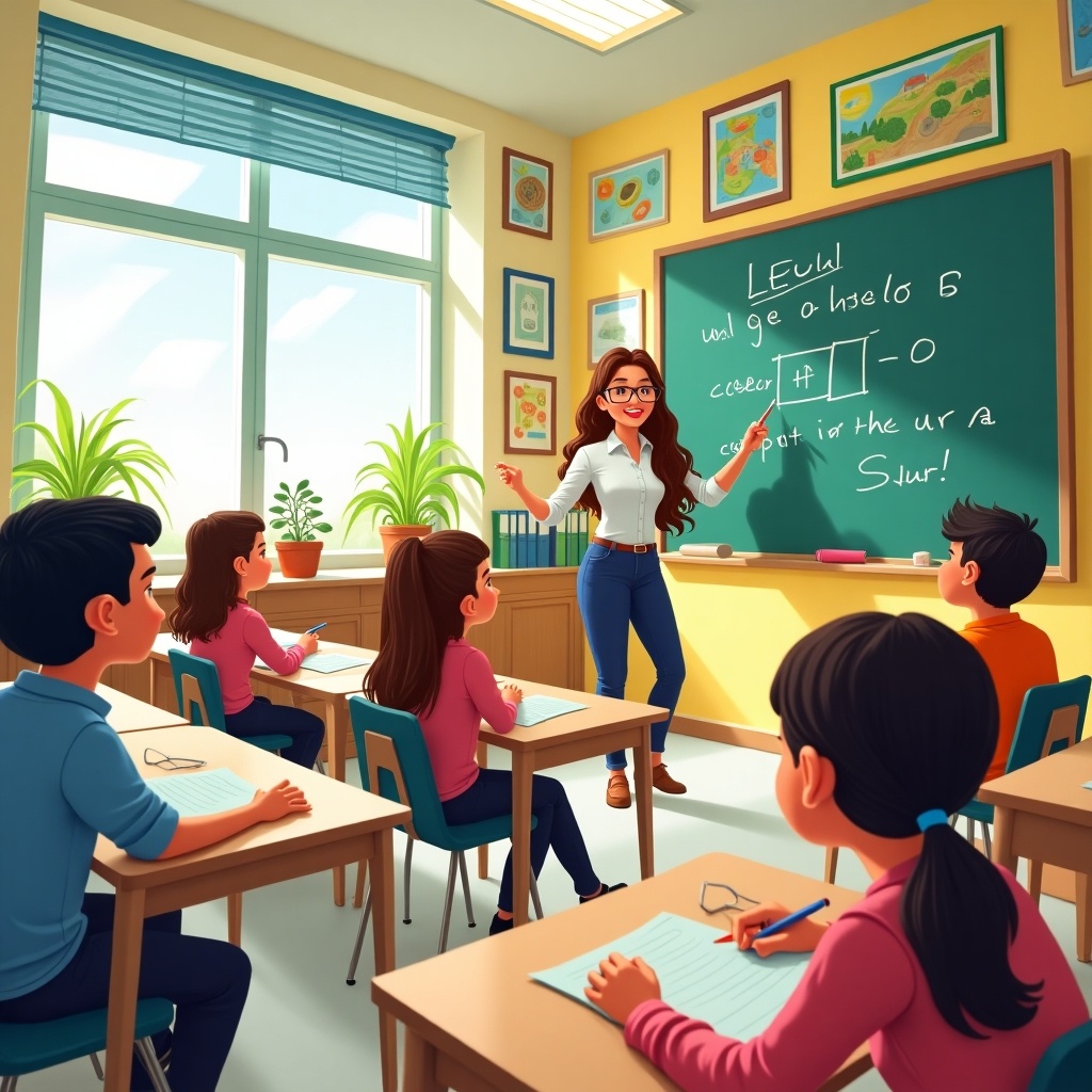 In a vibrant classroom, a teacher engages with her students while standing at a chalkboard. The room is filled with natural light coming from large windows. Students are seated at desks, focused on learning. The teacher displays a math problem on the chalkboard and explains it enthusiastically. The walls are decorated with educational posters. The atmosphere is encouraging and supportive, fostering a love for learning.