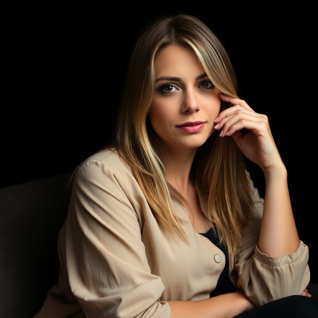 A woman in a beige blouse poses thoughtfully against a dark background.