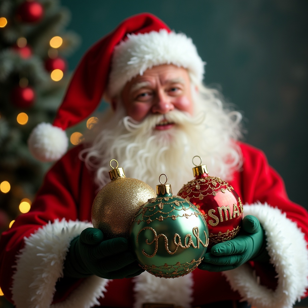 Father Christmas, also known as Santa Claus, is joyfully holding three beautifully decorated baubles. Each bauble has a name written on it: 'Coby,' 'Noah,' and 'Esmae,' symbolizing gift-giving and family. The scene is festive, with a Christmas tree in the background, adorned with lights and ornaments. Father Christmas is dressed in his traditional red suit and white gloves, with a warm smile on his face. The atmosphere is cozy and inviting, perfect for the holiday season.