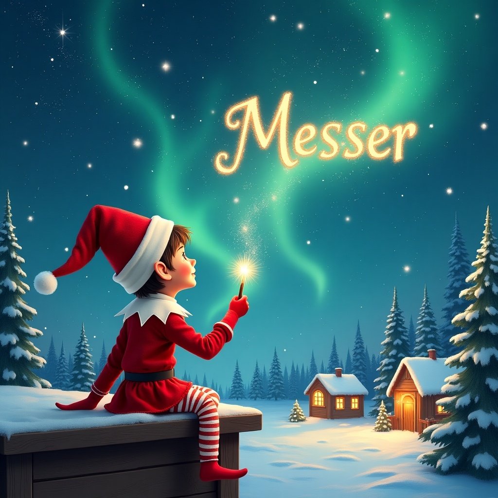 An elf sits excitedly on a wooden ledge, clad in a vibrant red outfit and a pointed hat. With a sparkling wand in hand, the elf gazes at the magical night sky, full of shimmering stars. Above, the elf writes the name Messer in glowing letters, illuminating the scene. Surrounding the elf is a picturesque snowy landscape, dotted with adorable cottages and tall evergreen trees. The sky dances with ethereal Northern Lights, adding to the enchanting atmosphere. In a burst of creativity, the elf also writes the names Lincoln, Jaxon, and Rileigh, enhancing the whimsical charm of this festive portrait.