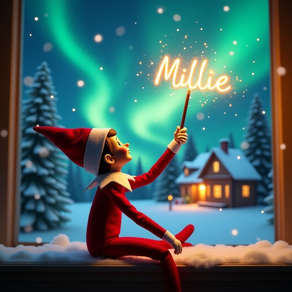 An elf sits with its back to the viewer, gazing upwards. It holds a glowing wand with sparkling light. Background features a Christmas scene with northern lights and a cozy house. Snow covers the ground. The elf embodies Christmas magic. The name ‘Millie’ is created in the air by the wand.