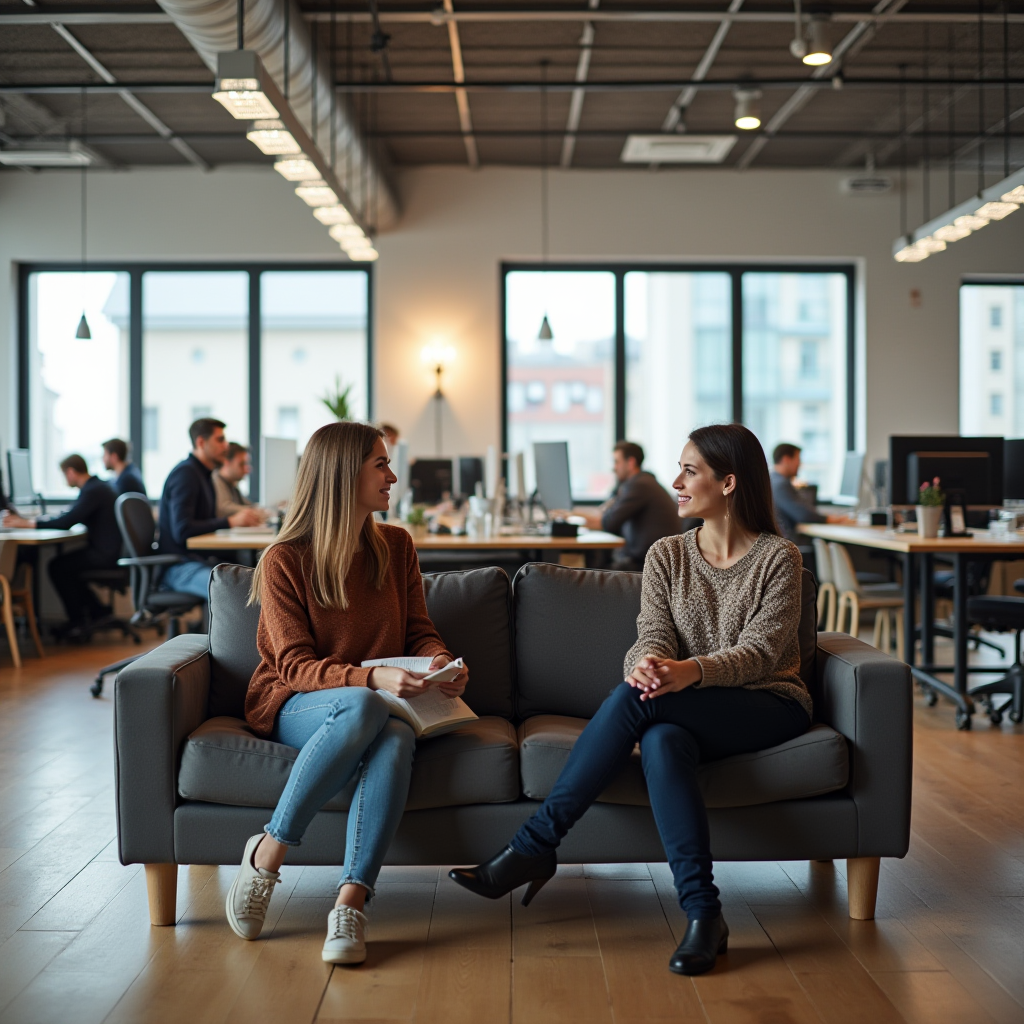 Two women are sitting on a grey couch, engaged in conversation, within a contemporary open-plan office space.