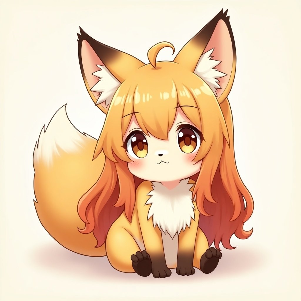 Anime foxgirl with long orange and white-streaked hair. She has hazel eyes. Foxgirl has fair skin. Modestly chubby appearance adds to her charm. Fluffy hair and soft features enhance her cuteness. Detailed digital illustration captures her unique features and adorable demeanor.