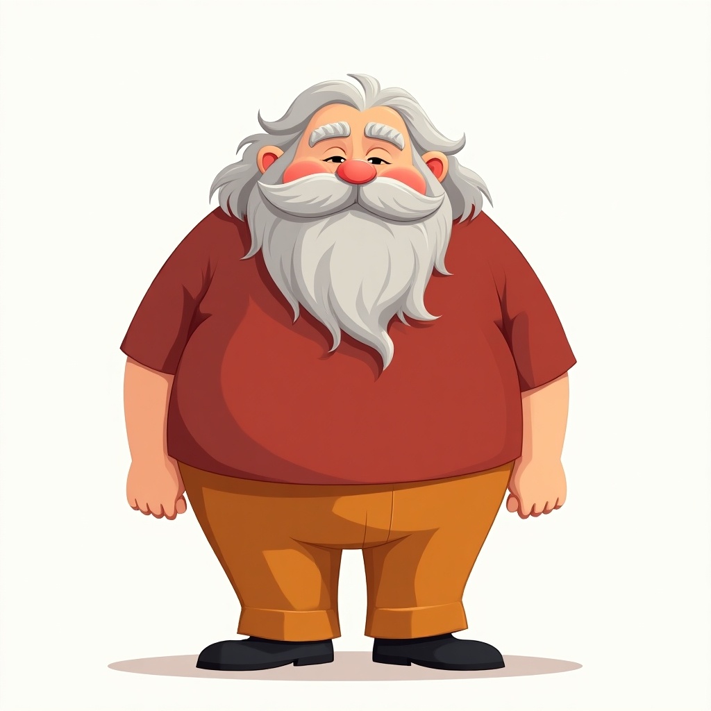 Turnaround view of a fat old man character. Character has long hair, wears a red shirt, orange pants, and black shoes. Features a round body shape.