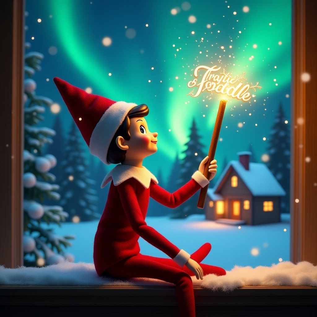 An elf sits with its back to the viewer. Elf holds a glowing wand and gazes upward. Northern lights illuminate the scene. A cozy house stands in the distance. Snow blankets the ground. The elf represents the magic of Christmas. The name ‘Floyd & Freddie’ appears in the air from the wand.