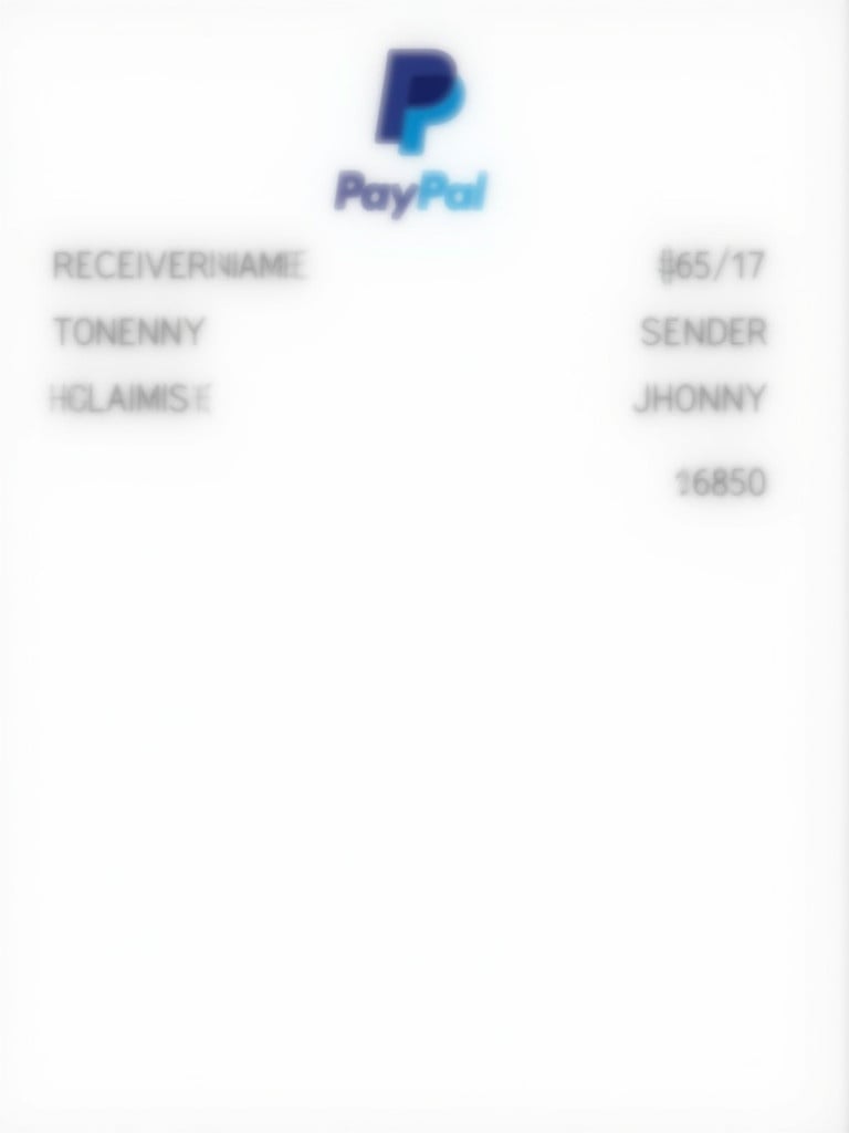 PayPal payment receipt shows transaction details clearly. PayPal logo is prominently displayed. Receiver name is tonyny. Sender name is jhonny. Total amount is $70.