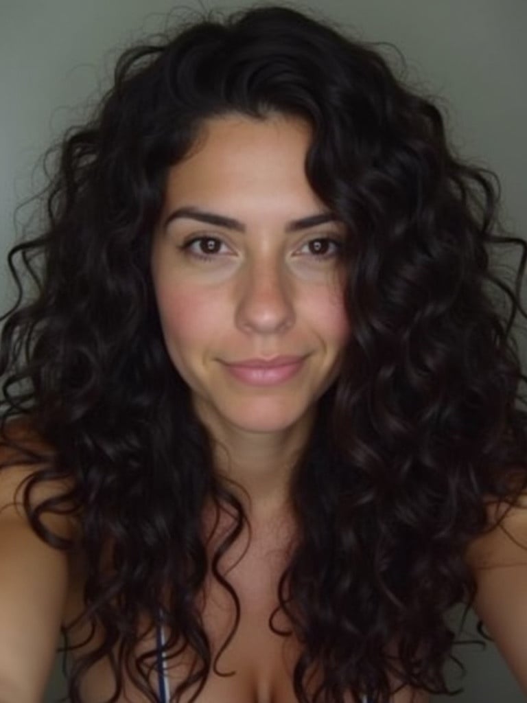 A person looks directly at the camera with long curly hair. Soft lighting highlights features. The individual appears relaxed and confident. Background is neutral and unobtrusive.