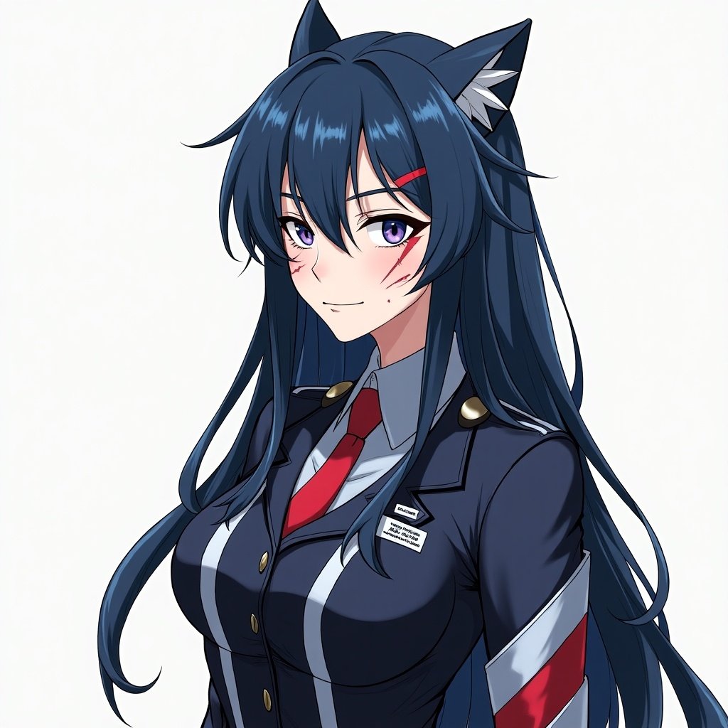 Female character with dark blue hair and white tips. Wearing an enforcer outfit. Character has facial scars. Height is about 5'6". Aligns with Piltover. In a relationship with Caitlyn Kiramman.