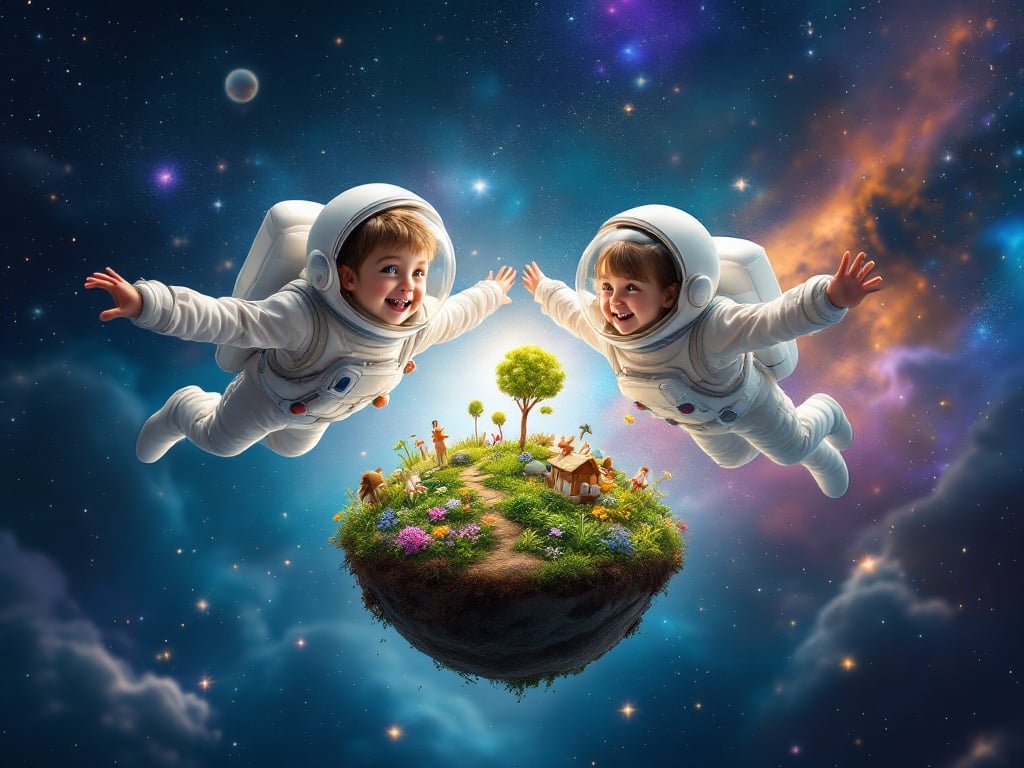 Enchanting scene of two children dressed in astronaut suits. They float in space and gaze at a tiny planet. The planet has lush gardens and a backdrop filled with stars and colorful nebulae. Expression of joy and wonder is visible. Magical and whimsical atmosphere.