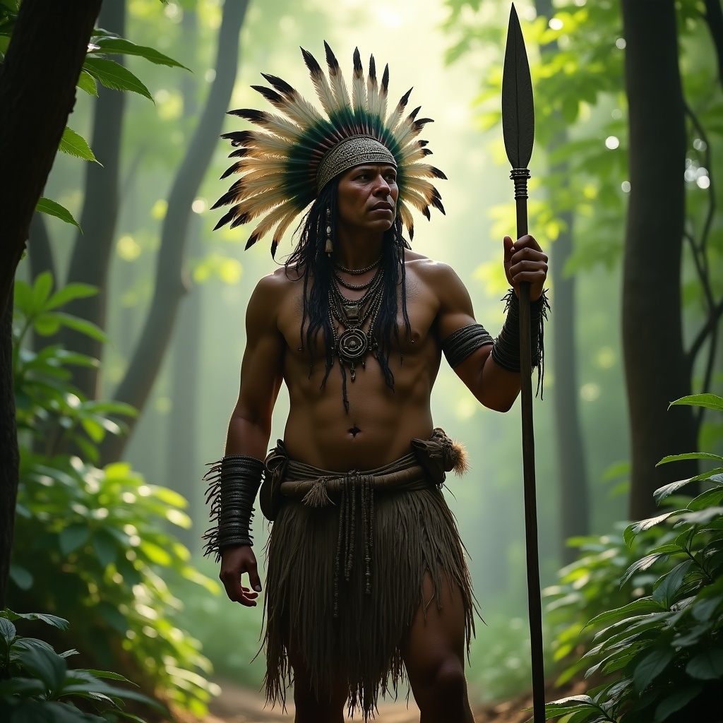 Fierce indigenous warrior stands in lush green forest. Holds a spear. Wears traditional attire. Majestic feathered headdress.