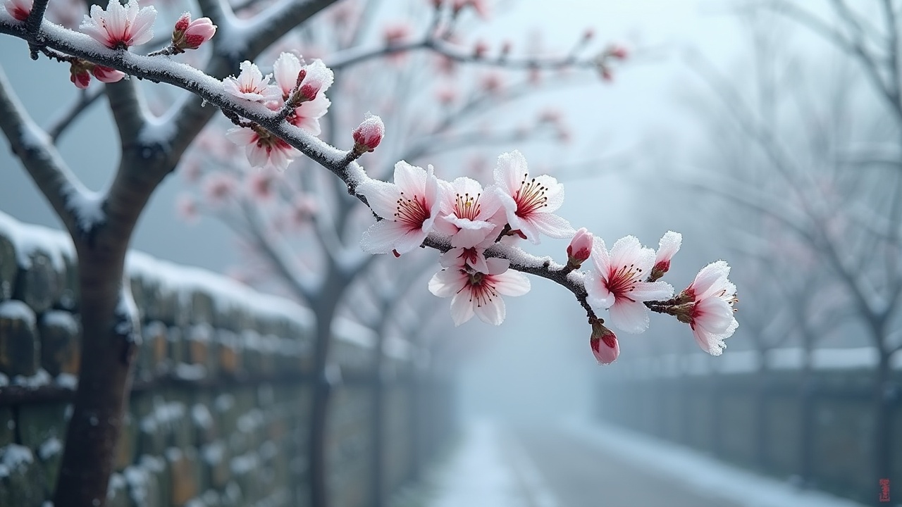 The image illustrates the cool beauty of plum blossoms at the beginning of winter. Several branches are adorned with pale pink buds and white petals, each delicately covered in tiny frost beads. In the background, sparse dead branches and a stone wall lightly coated with frost add depth to the scene. The overall atmosphere feels quiet and serene, with the bright colors of the blossoms standing out against the gray and white backdrop. This depiction emphasizes the tenacity and vitality of nature even in the cold. The art showcases rich details and a movie-like color correction that enhances its visual appeal.