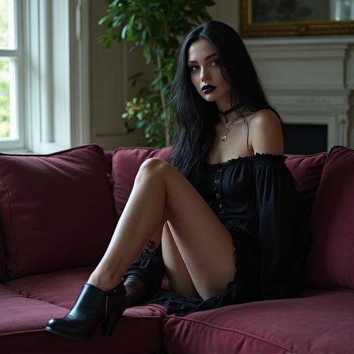 Beautiful caucasian goth woman with dark pretty makeup. She sits on a stylish gothic couch. Natural lighting in a stylish living room. Barefeet resting on the couch.