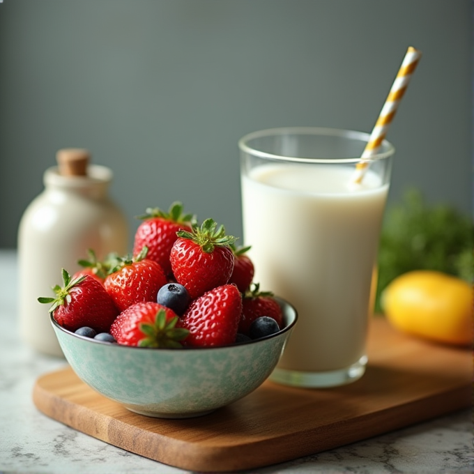 A glass of milk with a straw sits next to a bowl of fresh strawberries and blueberries on a wooden board.