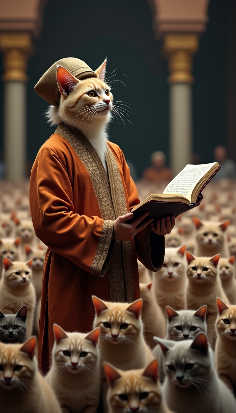 A human preacher dressed in traditional Javanese attire stands among a crowd of anthropomorphic cats at a religious gathering. The preacher holds a holy book and has a cunning expression. The cats appear attentive, with some showing skepticism. The setting features realistic decor with natural light and intricate details of fur and attire.