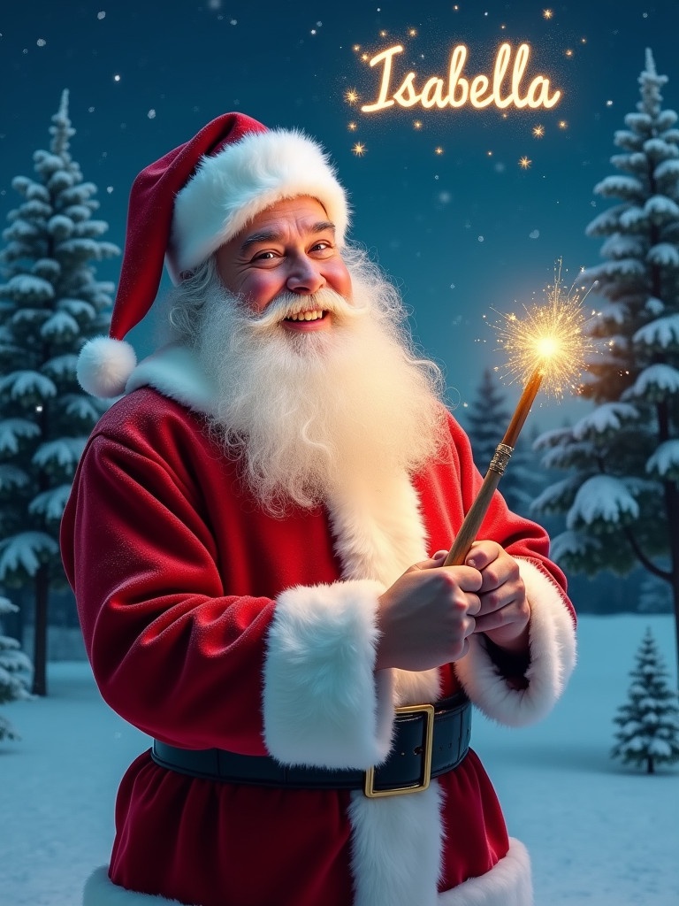 A jolly Santa Claus stands in a snowy landscape. He holds a magical wand that shines with sparkles. The name Isabella is written in the air. Santa wears a classic red suit with white fur trim and a matching hat. His eyes twinkle with joy, writing names in the sky. Behind him are evergreen trees and a starry night sky.