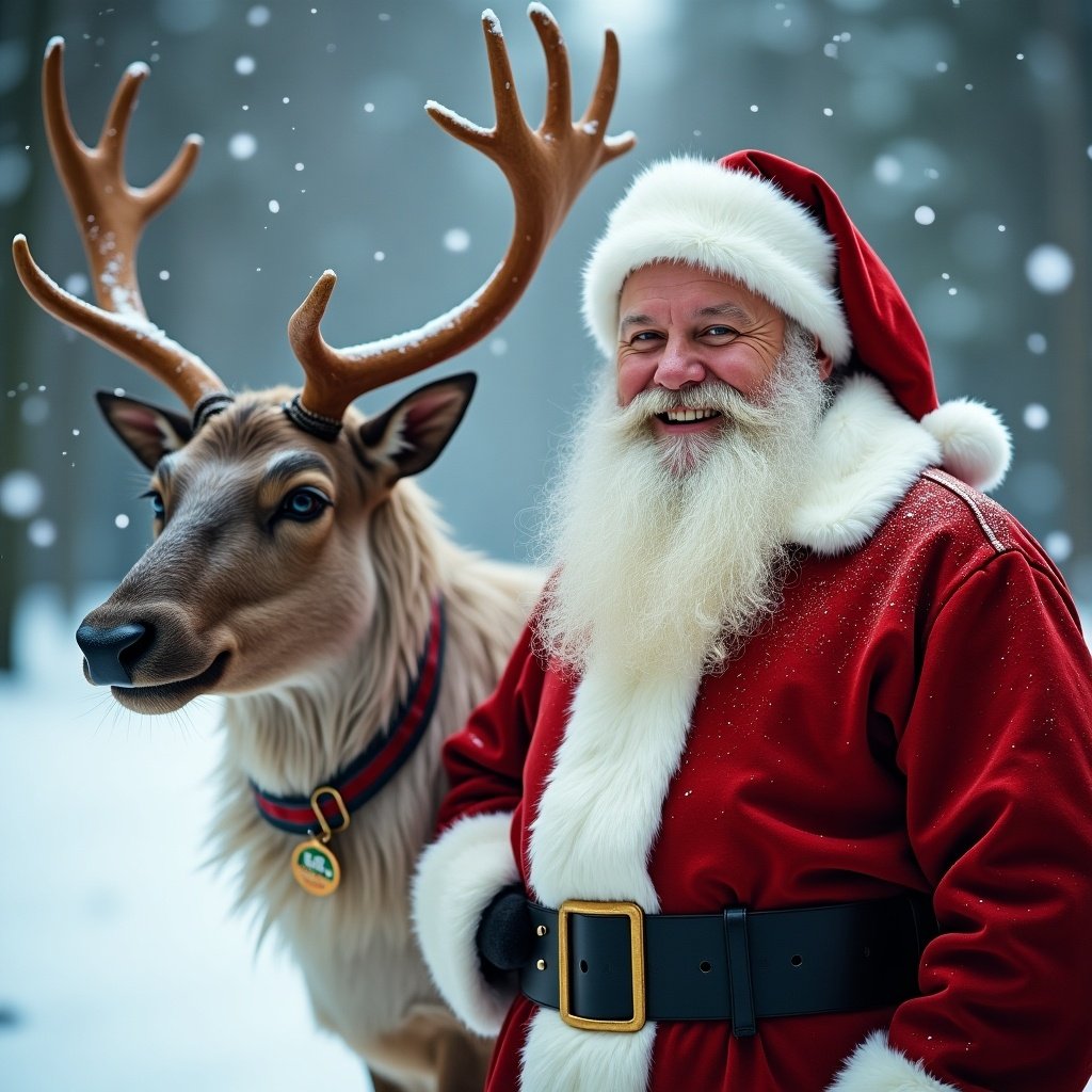 Realistic depiction of Santa Claus with a reindeer named Harlow in a snowy landscape. Santa wears a classic red suit with white fur trim, smiling warmly. The reindeer stands beside him, showcasing its antlers. Soft snowfall adds to the wintery atmosphere.