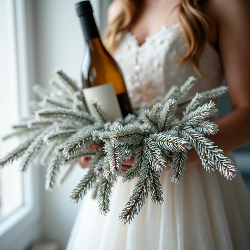 A bride holds a bottle of wine surrounded by frosted evergreen branches.