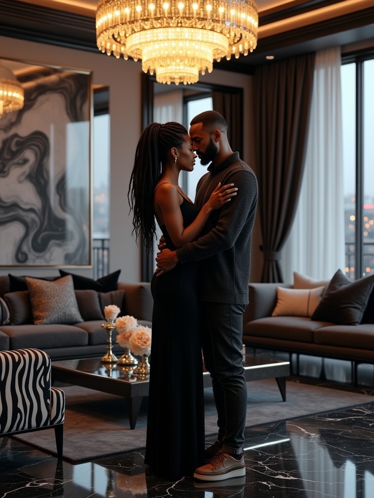 Deeply in love couple stand in luxurious living room. Woman has beautiful locs and wears black elegant dress. Man wears stylish cowl neck sweater and tailored pants. Opulent chandelier above. Modern furniture and city lights seen through windows. The atmosphere feels warm and romantic. Hyper-realistic 4K resolution.