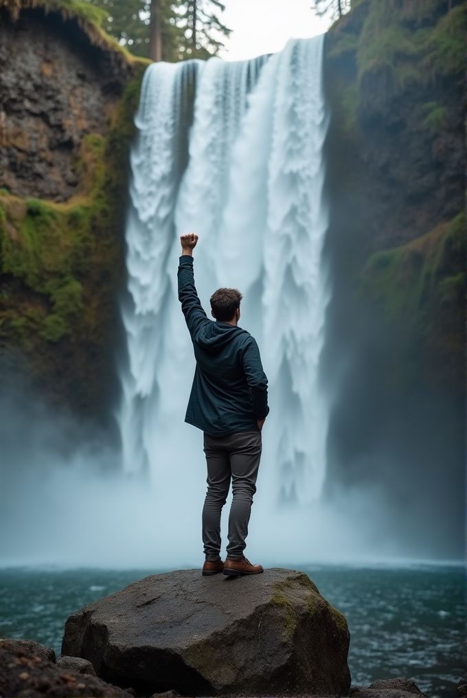 A person stands triumphantly on a rock with a raised fist in front of a towering waterfall in a lush, forested setting.