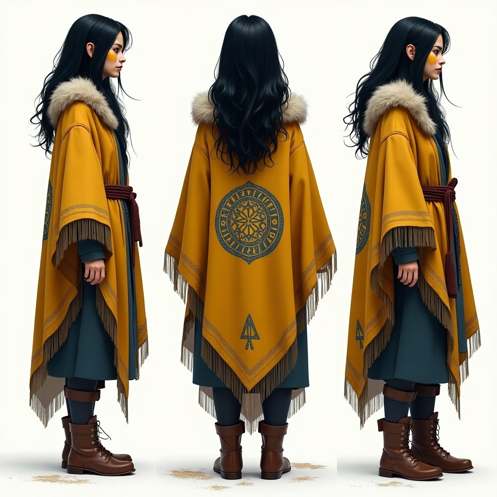 Turnaround view of a young Inuit-elf woman. Medium length black hair. Medieval-fantasy inspired outfit. Warm woolen coat. Yellow poncho with blue runic patterns. Circular yellow face paint.