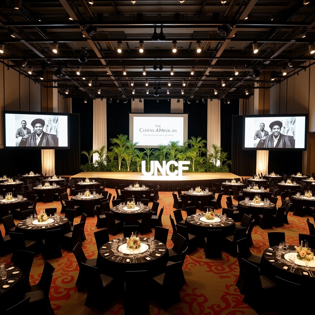 This image depicts a spacious banquet room designed for a UNCF event, showcasing a sophisticated setup. The room is filled with elegantly arranged round tables, each set for a large gathering of 21 people. The backdrop features striking black and white drapes alongside historic black-and-white photographs of African American graduates. Illuminated five-foot 'UNCF' letters stand prominently in front of the stage, surrounded by lush greenery. The overall ambiance is bright and inviting, perfect for a memorable occasion.