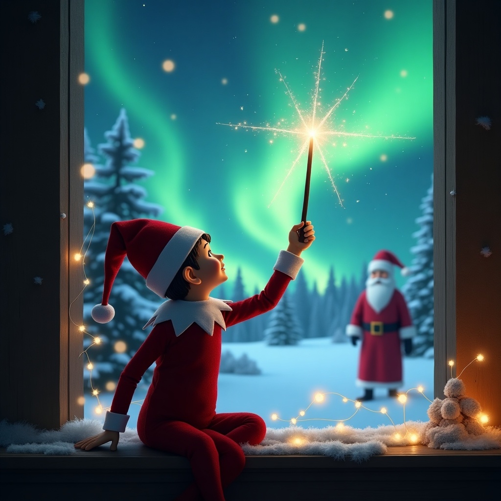 The image features a joyful elf on the shelf sitting by a window, with his back to the viewer. He is holding a magic wand, and sparkling sparks are coming from the wand as he attempts to write 'Mason' in the night sky. Outside the window, a beautiful snowy landscape is illuminated by the enchanting northern lights. In the background, Santa Claus is visible, adding a touch of festive cheer to the scene. The setting conveys a sense of wonder and holiday spirit, making it perfect for Christmas-themed designs.