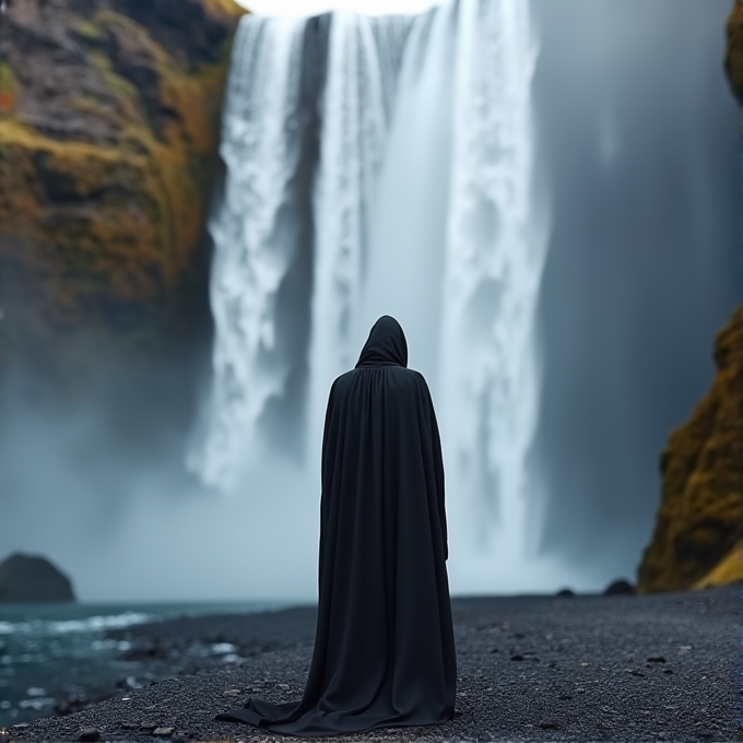 A cloaked figure stands on a rocky shore, gazing at a majestic waterfall surrounded by mist and rugged cliffs.