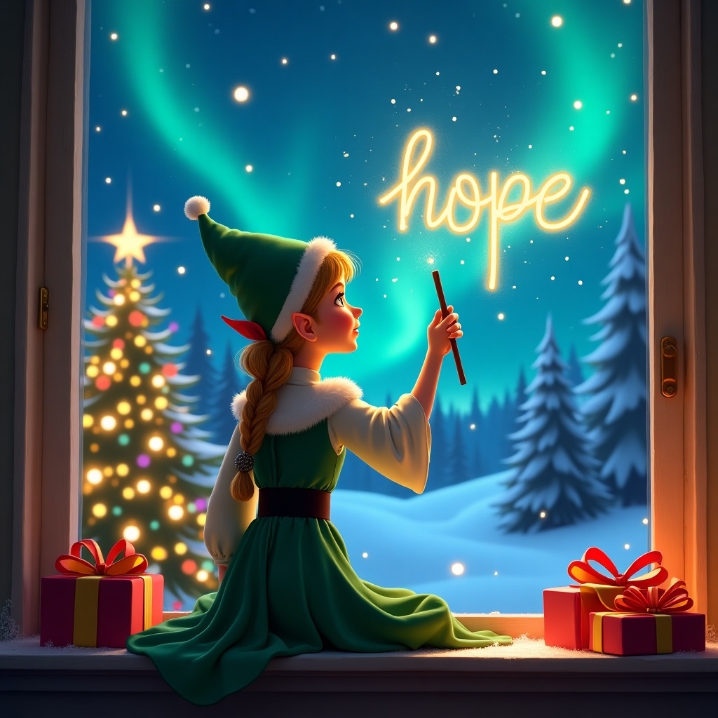 The image features a female elf on the shelf, sitting with her back to the viewer. She faces a beautiful sky lit by northern lights, using her magic wand. The wand is elegantly writing the word 'hope' in the air. In the background, there's a festive Christmas tree adorned with lights and presents at the bottom. The scene captures a magical Christmas atmosphere full of joy and wonder.