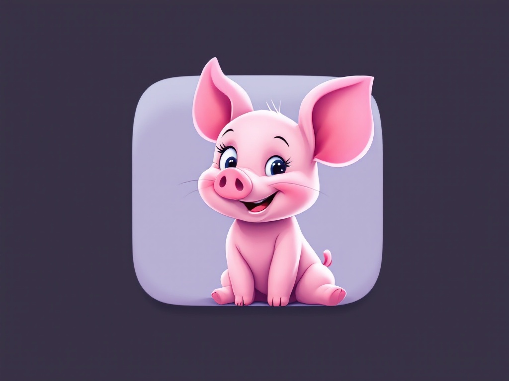 This image features a cartoon piglet designed to be friendly and adorable. The piglet has a big smile and bright eyes, capturing a playful and cheerful expression. Its pink color stands out against a light purple background, making it visually appealing. The character is depicted sitting down with its ears perked up, embodying a sense of innocence and joy. This design could serve as a charming icon for websites or applications aimed at children, suggesting fun and creativity.