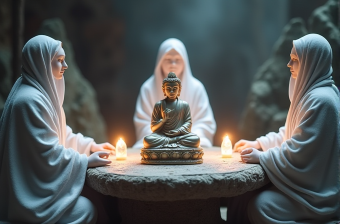 Three robed figures sit around a small Buddha statue on a stone table, with lit candles providing a warm glow.