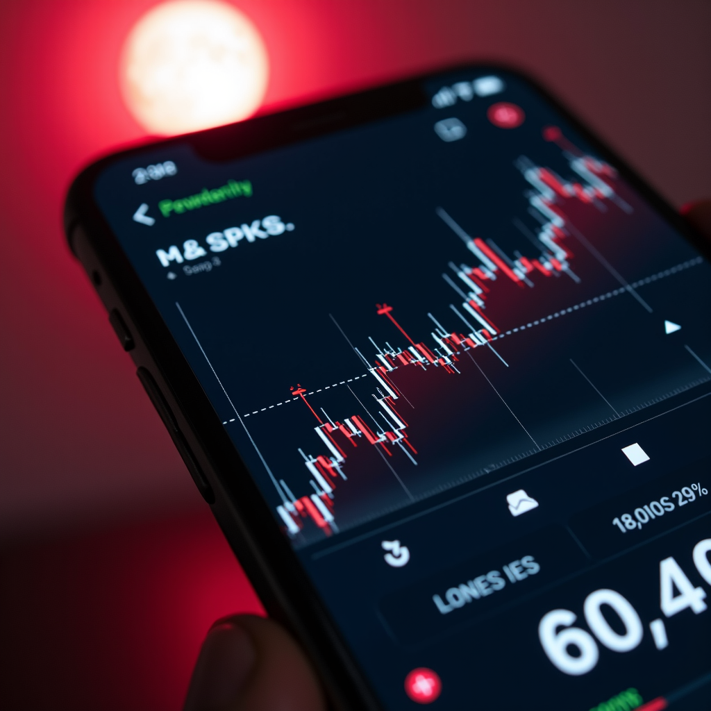 A smartphone displaying a stock trading app with a red candle chart, set against a dramatic red background.