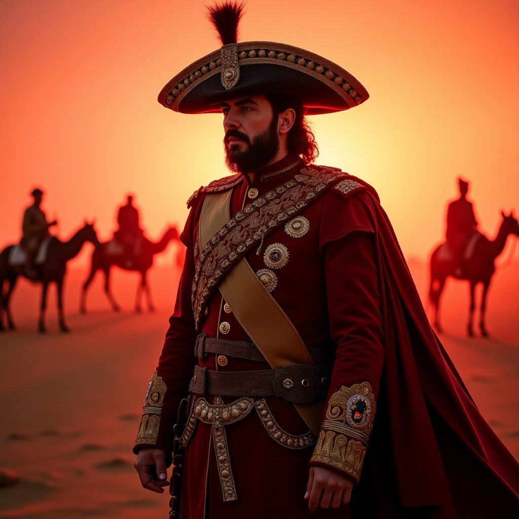 Dramatic portrait of a character in historical military attire. He gazes confidently into the distance. Large ornate hat with gold details. Intricate embroidery and a wide sash. Setting in an arid landscape with distant figures. Striking red glow enhances intensity. Lighting accentuates serious expression and regal posture.