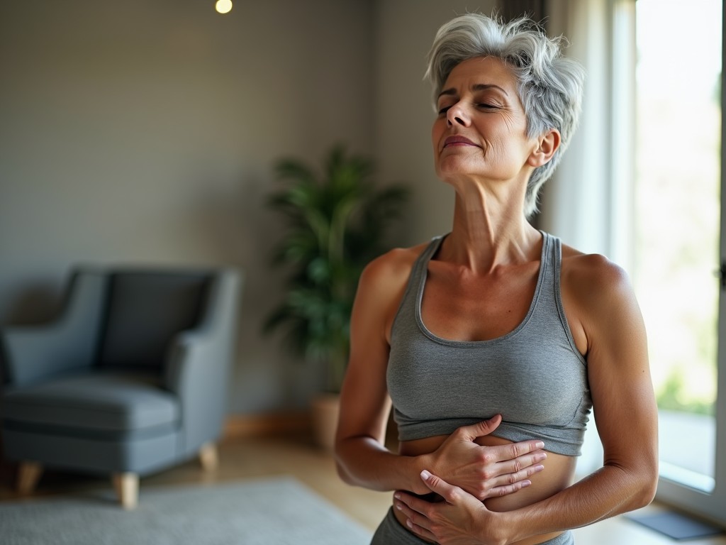 A gray-haired woman in her 50s is wearing athletic clothing and standing indoors. She has her hands placed gently on her belly and her eyes closed, engaging in a breathing exercise. The room is well-lit with natural light coming in from the windows, creating a calming atmosphere. There’s a comfortable chair in the background and green plants that add to the soothing environment. This image captures the essence of mindfulness and relaxation techniques appropriate for all ages.