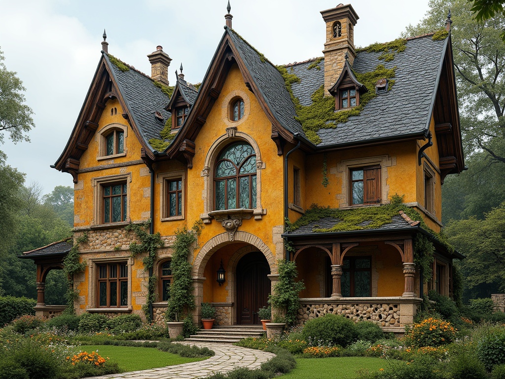 A stunning house showcasing a blend of medieval and modern architecture. Exterior features warm honey-colored stone, steeply pitched dark slate roof adorned with moss, and tall arched stained glass windows. Lush garden with vibrant flowers and cobblestone pathway leading to the entrance. Interior includes a cozy living room with fireplace, rustic kitchen with wooden table, and uniquely themed bedrooms. The atmosphere feels warm and magical, evoking stories of old.