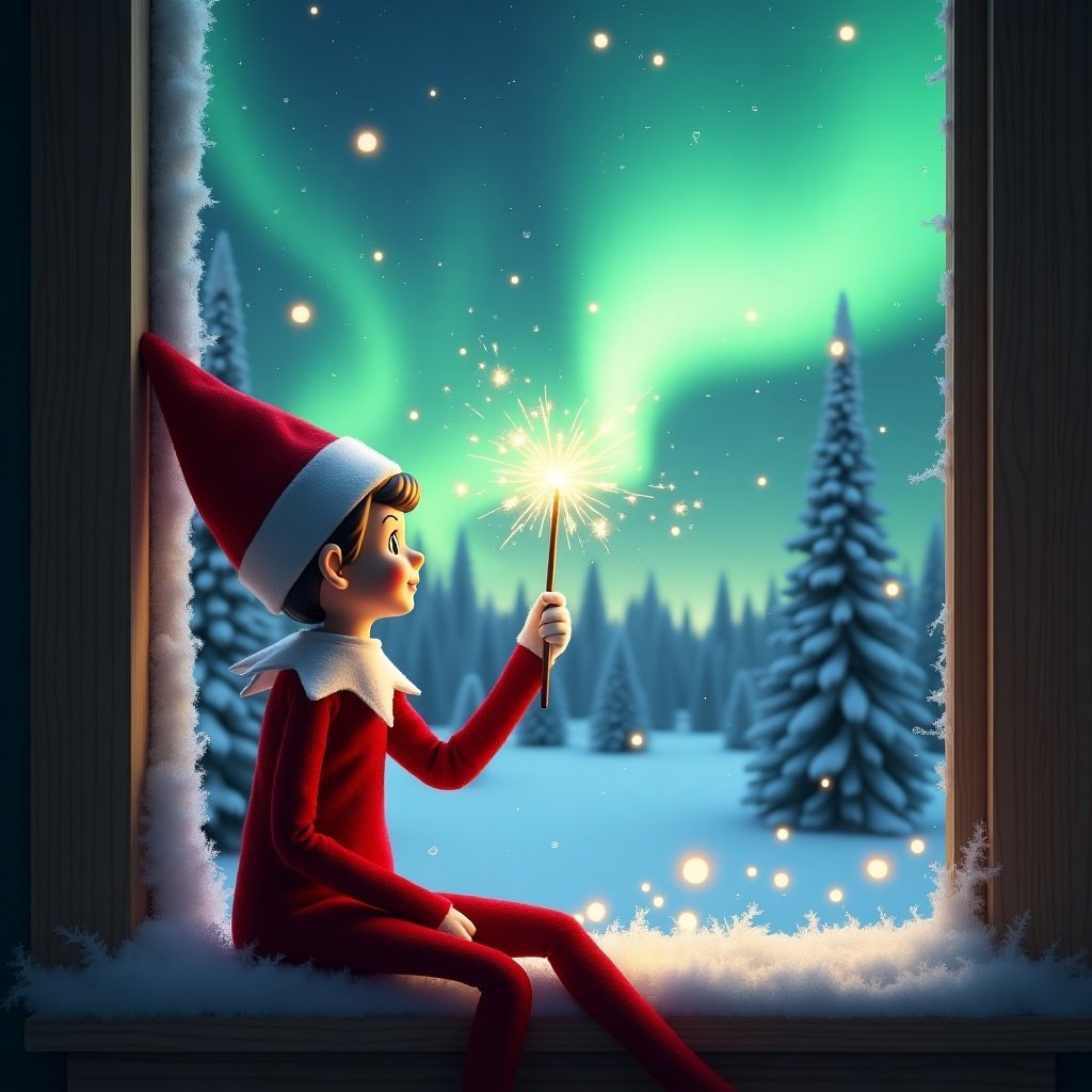 The image showcases an adorable elf on the shelf sitting on a window ledge. The elf gazes out at a breathtaking display of northern lights, illuminating a winter wonderland filled with snow-covered pine trees. Dressed in a vibrant red outfit with white trim, the elf embodies the essence of Christmas spirit. In its hand, the elf holds a magic wand, creating sparkling twinkles as it writes names in the sky. The scene radiates warmth and festivity, with enchanting colors from the aurora borealis lighting up the landscape.