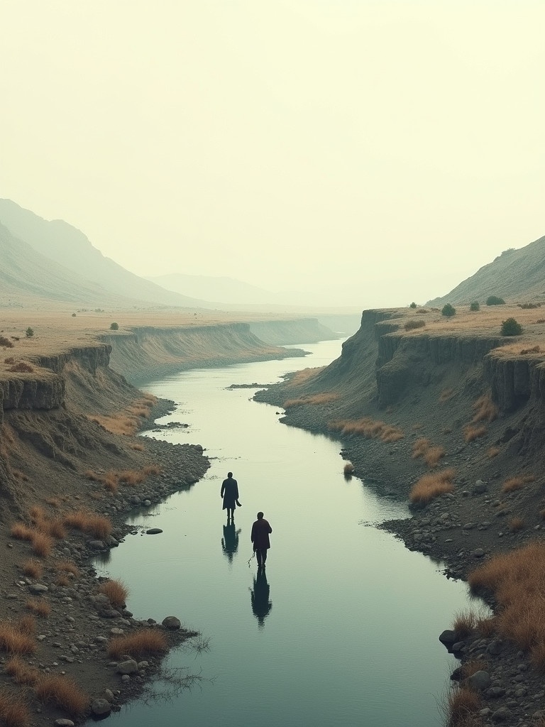 A river winds through a rugged landscape. Two figures walk away from each other. The sky is pale and overcast.