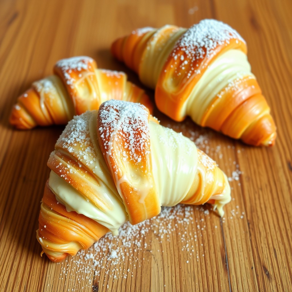 Golden croissants with white drizzle and powdered sugar on a wooden surface.