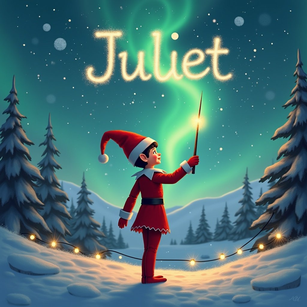 A red scout elf stands with their back to the viewer. The elf gazes up at northern lights. The elf uses a wand to write 'Juliet' in the air. The landscape is a winter wonderland. Snow-covered trees and hills are visible. Twinkling lights are in the foreground. The scene captures holiday spirit.