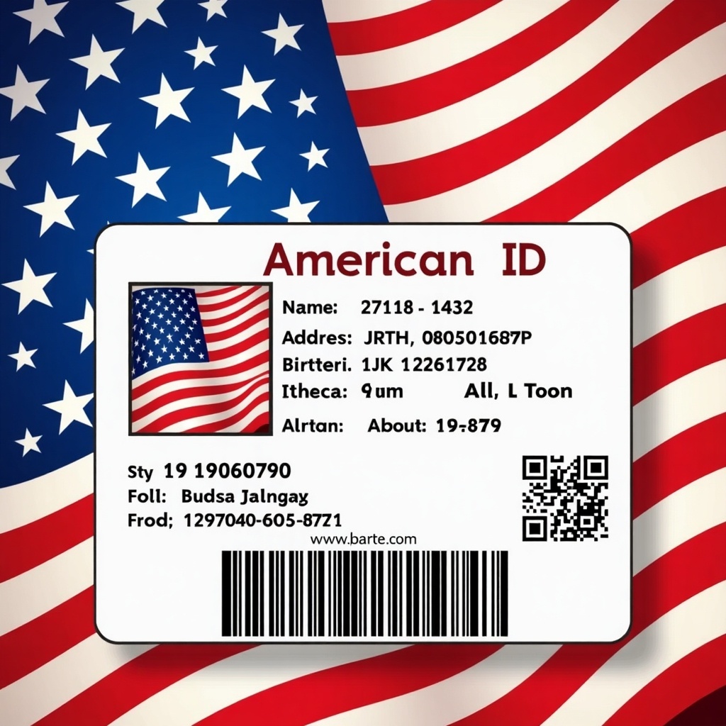 This image features a novelty ID card themed with the American flag. The card is designed with fictional details, including a name, address, and a simulated barcode. The background showcases the iconic red and white stripes of the flag, accentuating the patriotic theme. Bright colors make the ID card stand out, creating an eye-catching design. This style is perfect for celebrations or gifts that require a fun, themed touch.