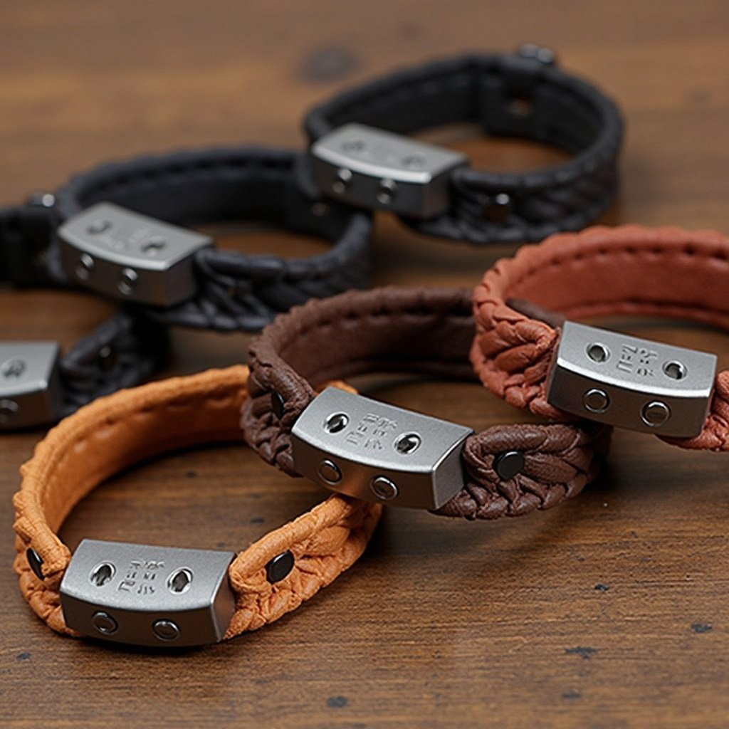 Collection of leather wristbands in various colors on a rustic table. Includes black, brown, and tan wristbands. Some feature engraved metal plates, while others have braided or stitched designs. Modern and casual appearance.