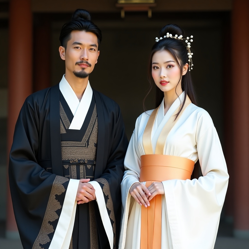 Two individuals dressed in traditional East Asian clothing. The male figure wears a dark ornate robe with designs and a white sash. He has a confident expression. The female figure is in a white robe with an orange sash and holds her hands together. She has elegantly styled hair with decorative elements. The background suggests an ancient architectural setting.