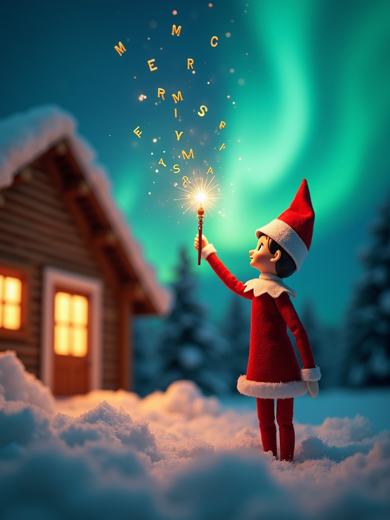 A Christmas scene featuring an elf on the shelf holding a glowing wand. The elf gazes at the colorful northern lights. A cozy house stands in the background surrounded by snow. Christmas greetings appear in the air above the elf. The image captures the spirit of wonder and joy associated with the season.