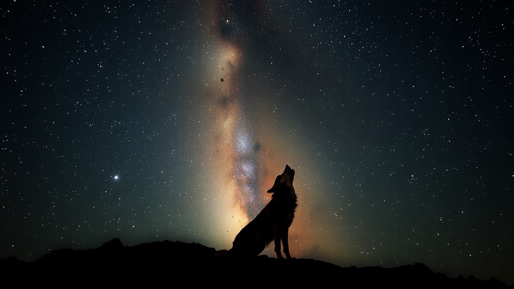 A silhouetted wolf howling against a starry night sky with the Milky Way visible in the background.