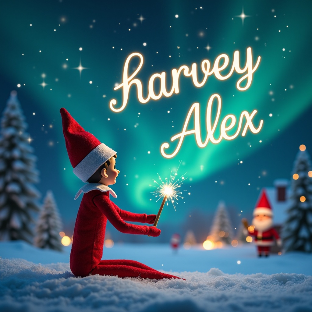 The image features an Elf on the Shelf positioned with its back to the viewer, facing a beautifully illuminated night sky. The elf is enchanting the scene with a magic wand, elegantly crafting the names 'Harvey' and 'Alex' into the air. The backdrop is a stunning winter landscape adorned with shimmering snow and evergreen trees, all under the mesmerizing glow of the northern lights. In the distance, Santa Claus can be seen, adding a touch of festive charm to the Christmas setting. This magical moment captures the essence of holiday joy and wonder, representing a cherished holiday tradition.