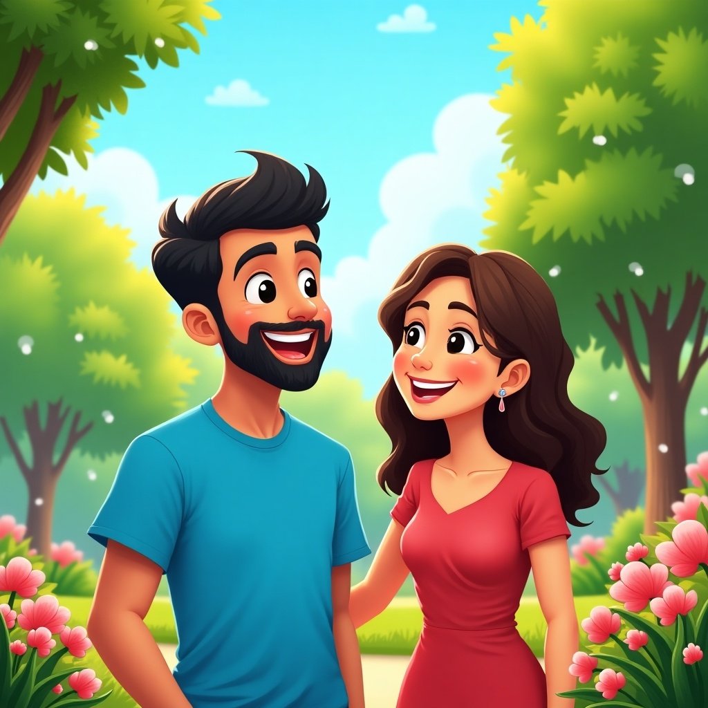 A couple stands together in a park. A bright and colorful background full of flowers. The scene conveys joy and intimacy. The couple is casually dressed. They enjoy a sunny day outdoors.