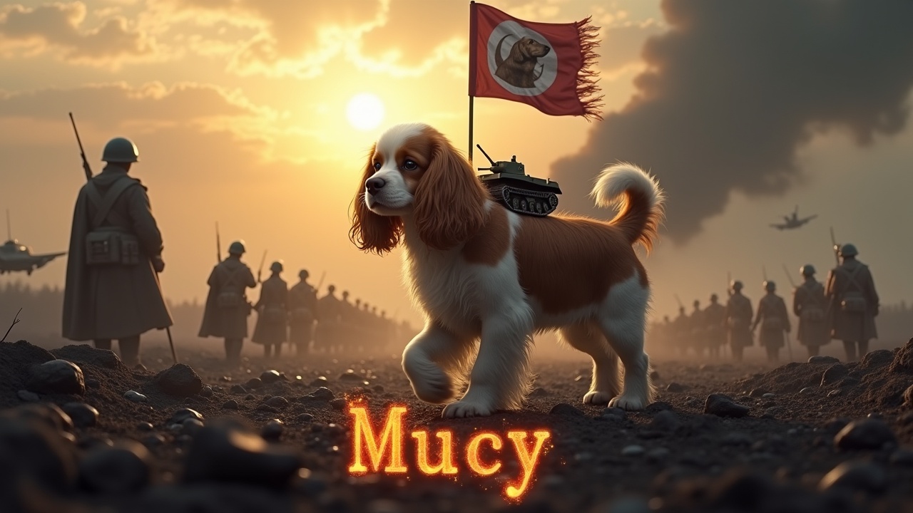 In a dramatic and awe-inspiring scene, a fluffy brown and white cavalier king charles spaniel walks across a dark, desolate battlefield. There is a small tank strapped to its back. Nearby, a figure wearing a cloak stands valiantly, holding a flag with a dog emblem. In the background, a multitude of small soldiers holding rifles can be seen, as well as tanks lingering in the shadows. The sky is illuminated by the bright radiance of the sun, adding to the epic feel. A jet fighter passes overhead, enhancing the atmosphere of the scene.