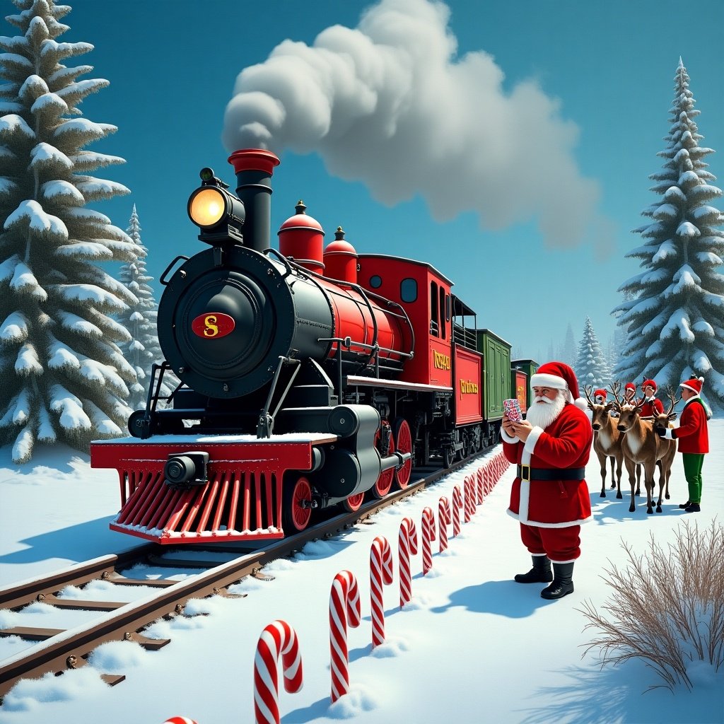 Scene shows snowy winter landscape at North Pole. Classic steam train reminiscent of Polar Express travels through whimsical setting. Candy cane decorations line the tracks. Santa in red suit stands by sleigh near the train, writing 'Stinson'. Elves in red and green load sleigh with toys. Reindeer patiently wait nearby, enhancing festive mood.