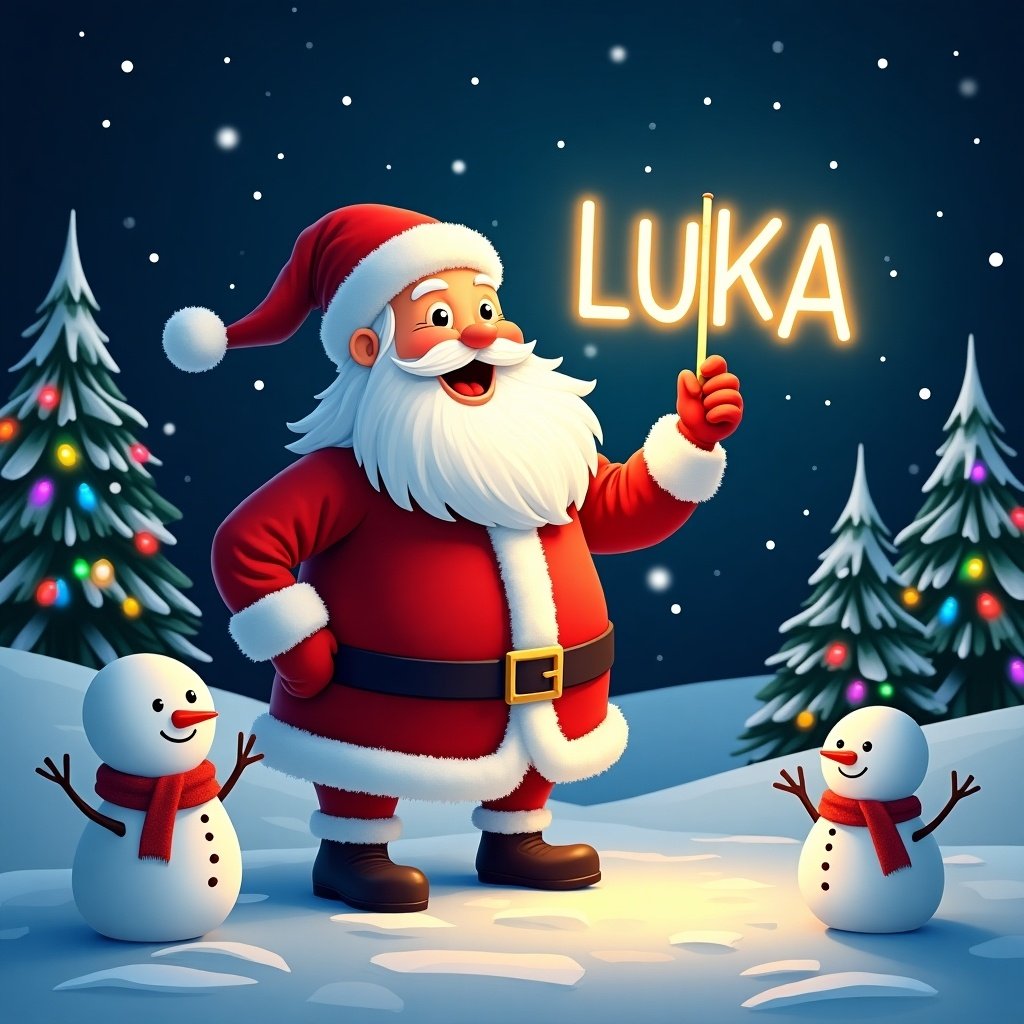 This image features Santa Claus wearing his traditional red and white suit. He is holding a glow stick that forms the name 'LUKA' in bright light. Santa's expression is jolly, exuding warmth and holiday cheer. The background is dark, enhancing the glow of the text. This festive scene captures the magic of Christmas and the joy of the season. Two cheerful snowmen stand by his side, and the landscape is covered in snow. Colorful Christmas lights adorn the evergreen trees, and the night sky sparkles with stars, creating a cozy holiday atmosphere.